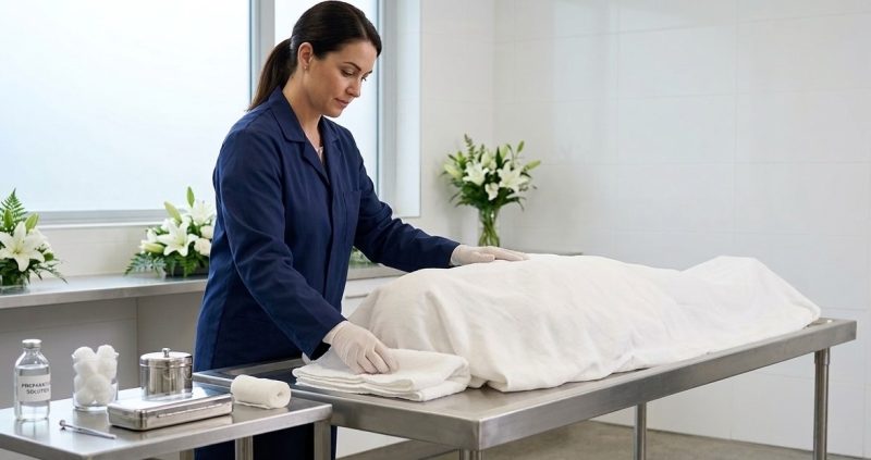 Proceso de embalsamamiento profesional en una sala funeraria