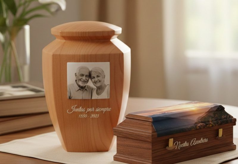 Ejemplos de personalización de ataúdes y urnas con fotografías de alta resolución y grabados especiales para despedidas únicas.